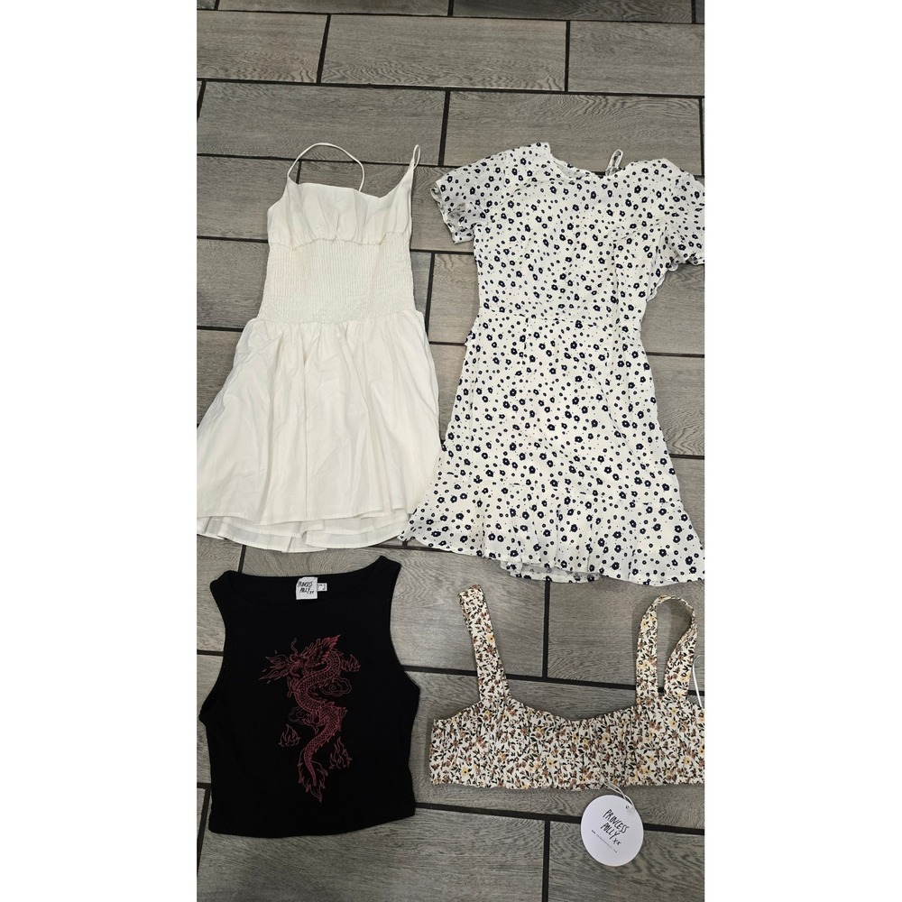 Princess Polly Bundle 4pc White Smocked Dress Floral Mini Dragon Tank Crop Top